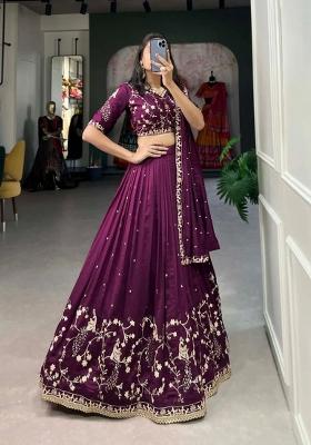 Wine Zari Work Silk Blend Lehenga Set