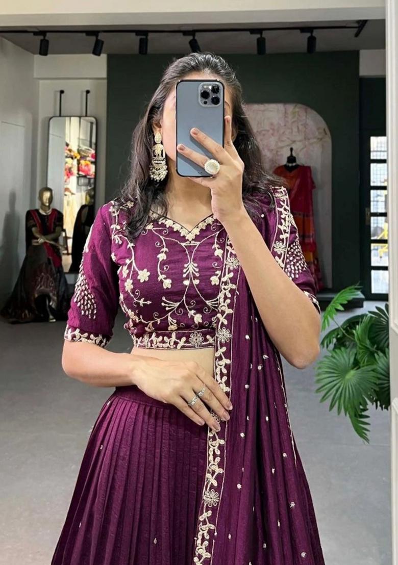 Wine Zari Work Silk Blend Lehenga Set - Indya