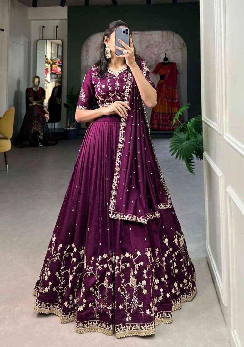 Wine Zari Work Silk Blend Lehenga Set for Diwali and Festive Wear - Indya