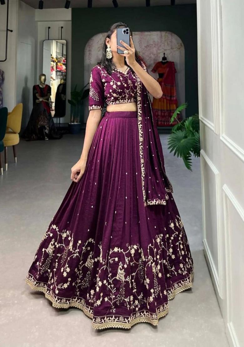 Wine Zari Work Silk Blend Lehenga Set - Indya