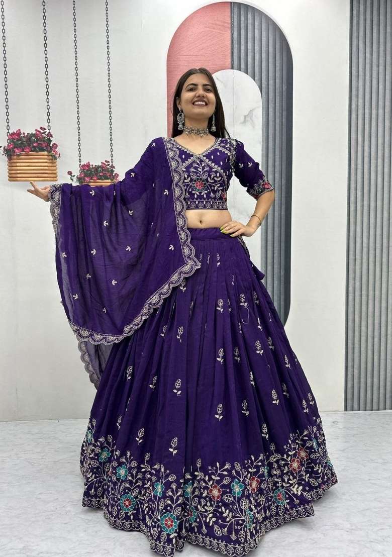 Purple Silk Blend Lehenga Set with Zari Work for Diwali | Wedding & Festive Wear - Indya
