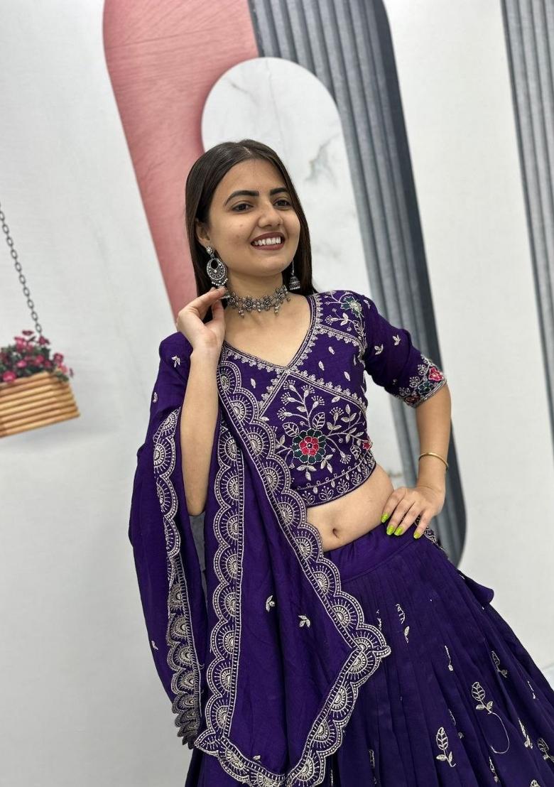 Purple Zari Work Silk Blend Lehenga Set - Indya