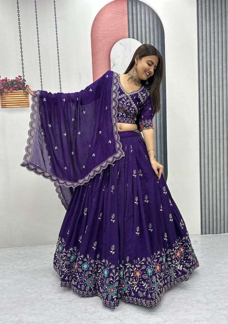 Purple Silk Blend Lehenga Set with Zari Work for Diwali | Wedding & Festive Wear - Indya