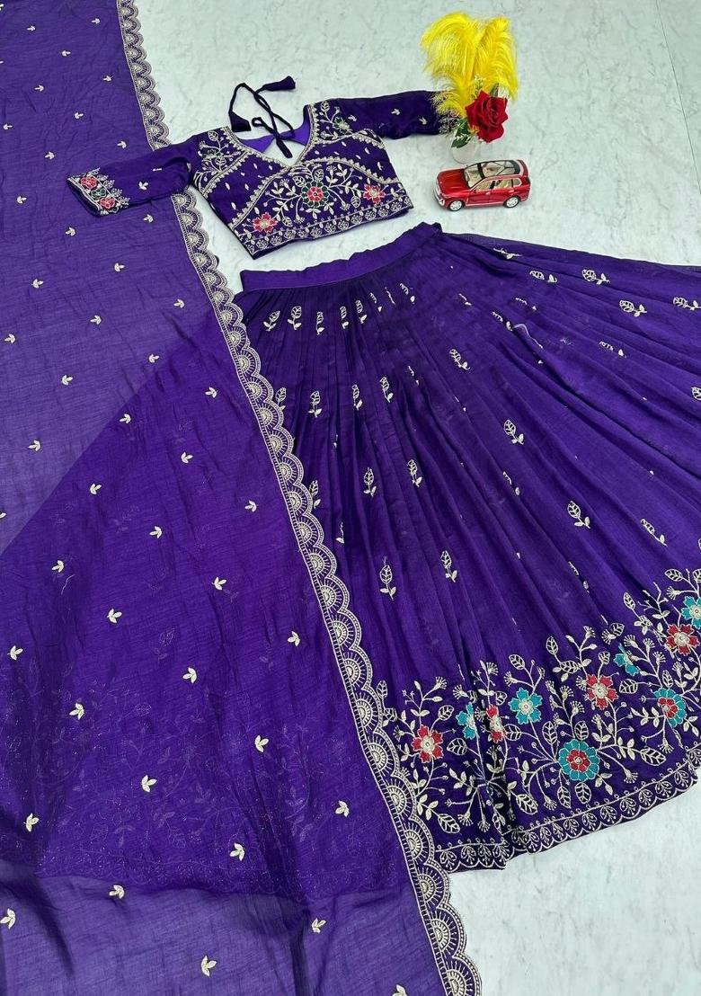 Purple Zari Work Silk Blend Lehenga Set - Indya