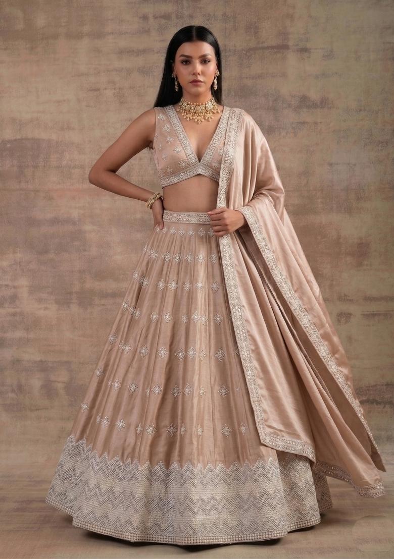 Cream Zari Work Silk Blend Lehenga Set - Indya