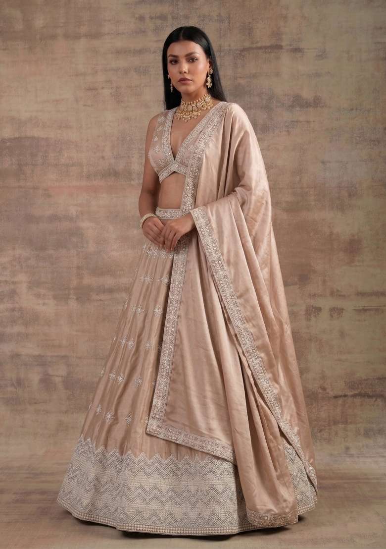 Cream Silk Blend Lehenga Set with Zari Work for Diwali | Wedding & Festive Wear - Indya