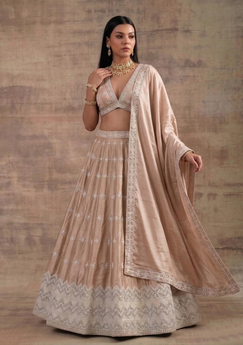 Cream Zari Work Silk Blend Lehenga Set - Indya