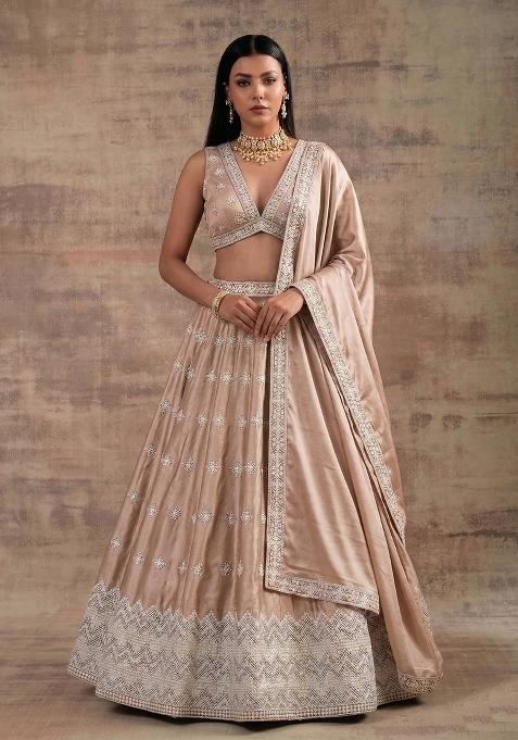 Cream Zari Work Silk Blend Lehenga Set