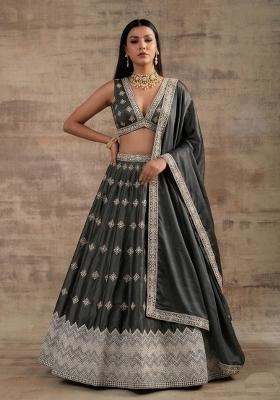 Dark Grey Zari Work Silk Lehenga Set