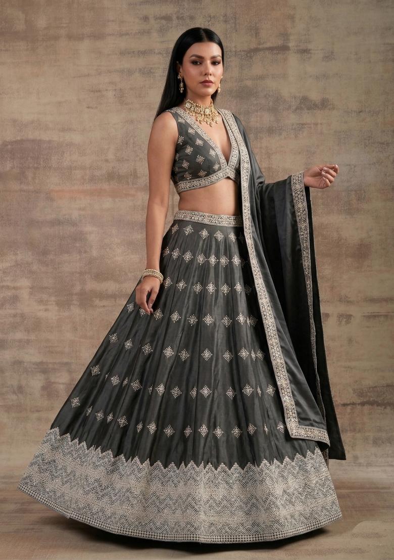 Dark Grey Zari Work Silk Blend Lehenga Set - Indya
