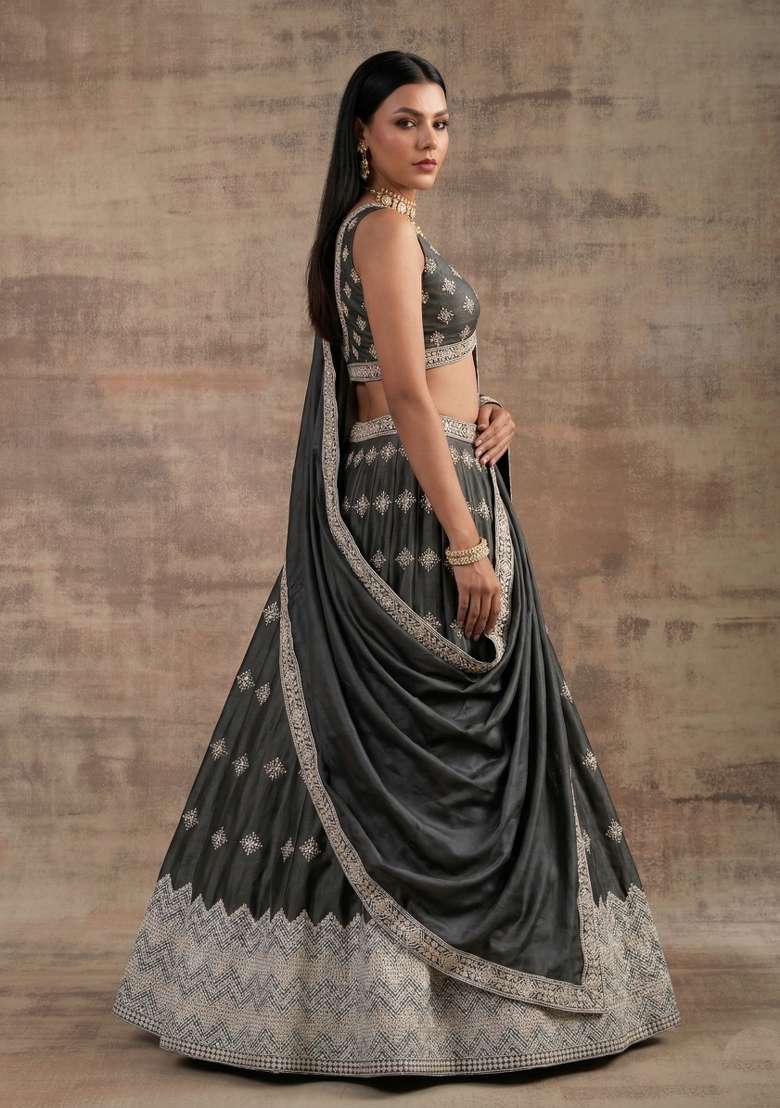 Dark Grey Zari Work Silk Blend Lehenga Set for Diwali and Festive Wear - Indya