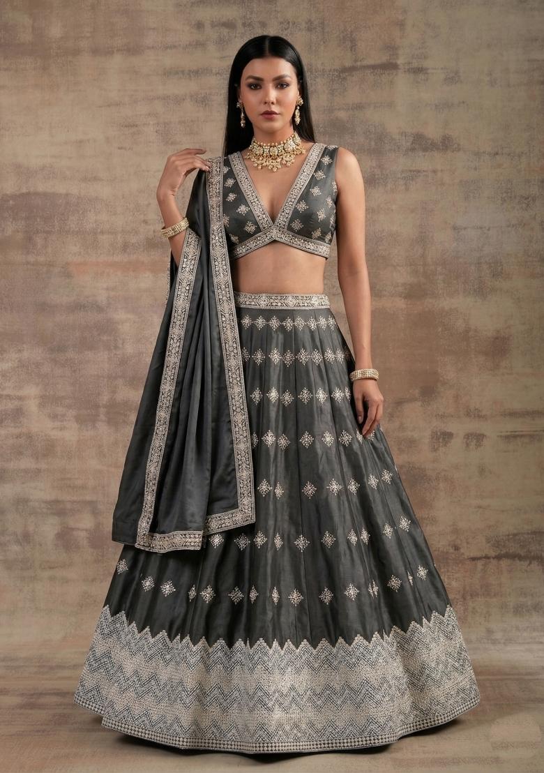 Dark Grey Zari Work Silk Blend Lehenga Set - Indya