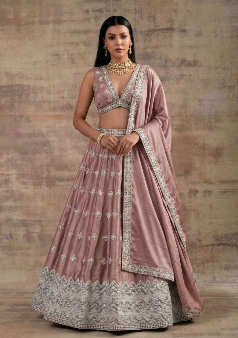 Peach Pink Silk Blend Lehenga Set with Zari Work for Diwali | Wedding & Festive Wear - Indya