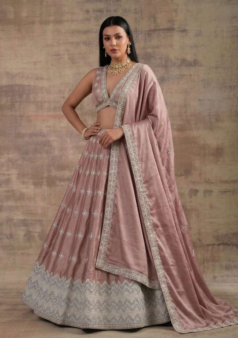 Peach Pink Silk Blend Lehenga Set with Zari Work for Diwali | Wedding & Festive Wear - Indya