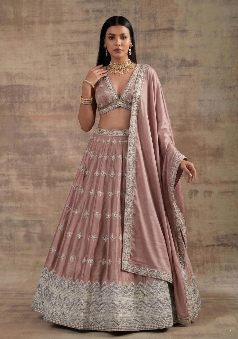 Peach Pink Zari Work Silk Blend Lehenga Set - Indya