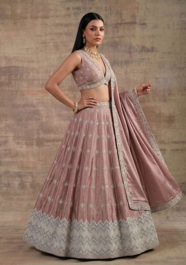 Peach Pink Silk Blend Lehenga Set with Zari Work for Diwali | Wedding & Festive Wear - Indya