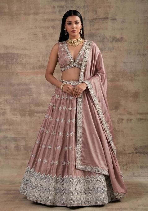 Peach Pink Zari Work Silk Blend Lehenga Set