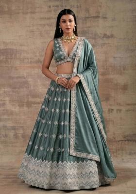 Pista Aqua Zari Work Silk Blend Lehenga Set
