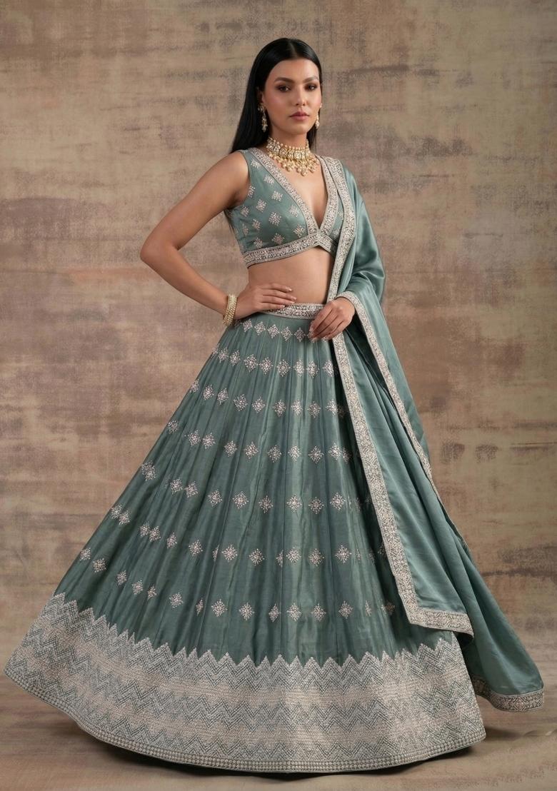 Pista Aqua Zari Work Silk Blend Lehenga Set - Indya
