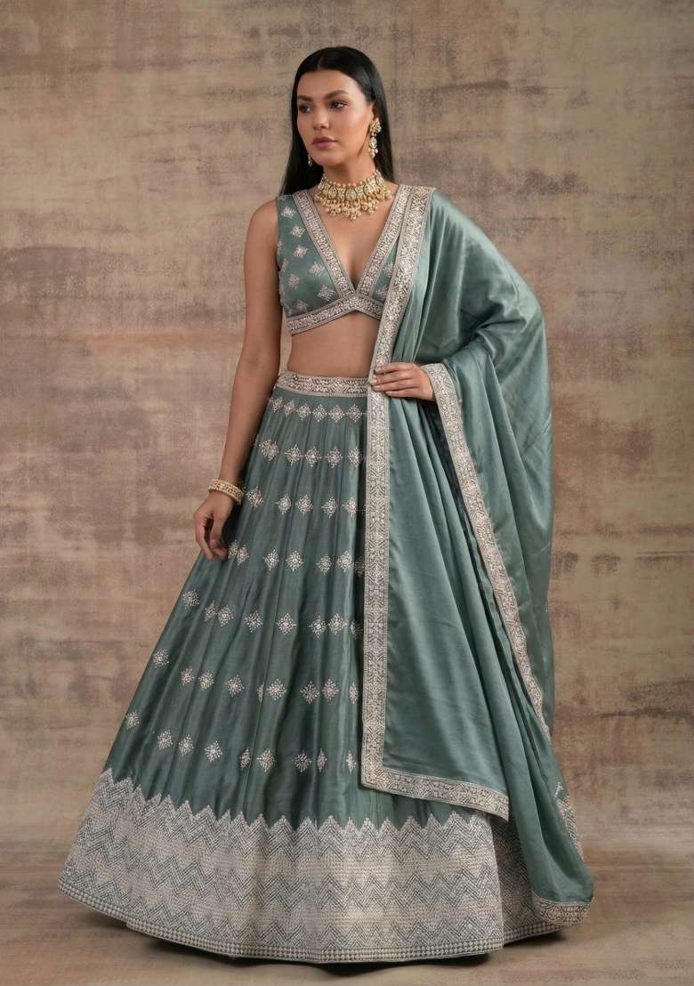 Pista Aqua Silk Blend Lehenga Set with Zari Work for Diwali | Wedding & Festive Wear - Indya
