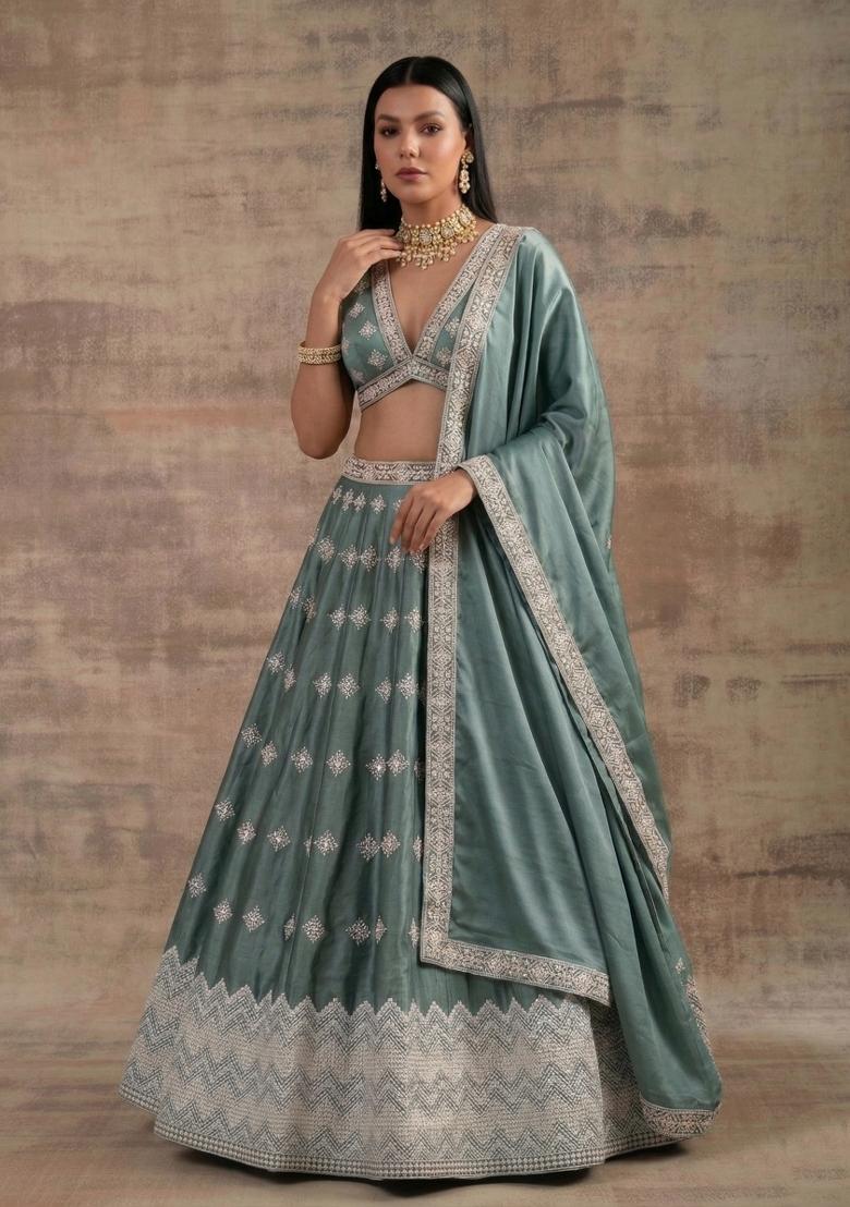 Pista Aqua Zari Work Silk Blend Lehenga Set - Indya