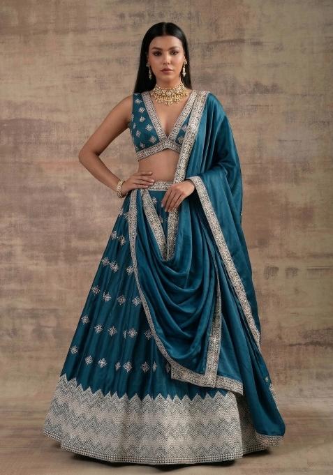 Teal Zari Work Silk Lehenga Set