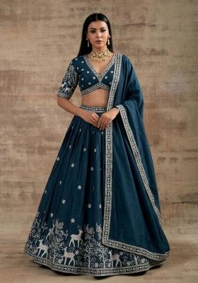 Teal Zari Work Silk Blend Lehenga Set