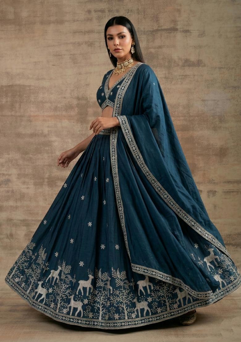 Teal Zari Work Silk Blend Lehenga Set - Indya