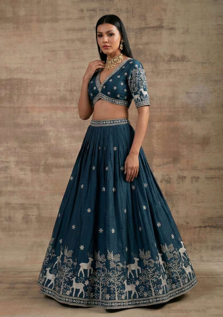 Teal Silk Blend Lehenga Set with Zari Work for Diwali | Wedding & Festive Wear - Indya