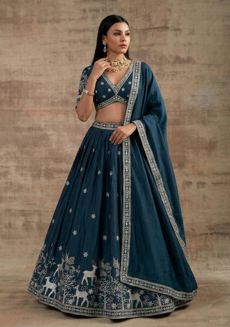 Teal Zari Work Silk Blend Lehenga Set - Indya