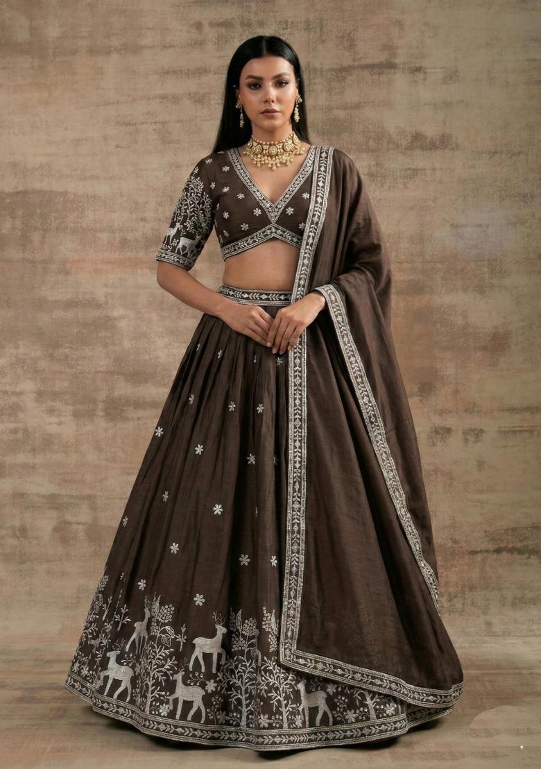 Brown Zari Work Silk Blend Lehenga Set - Indya