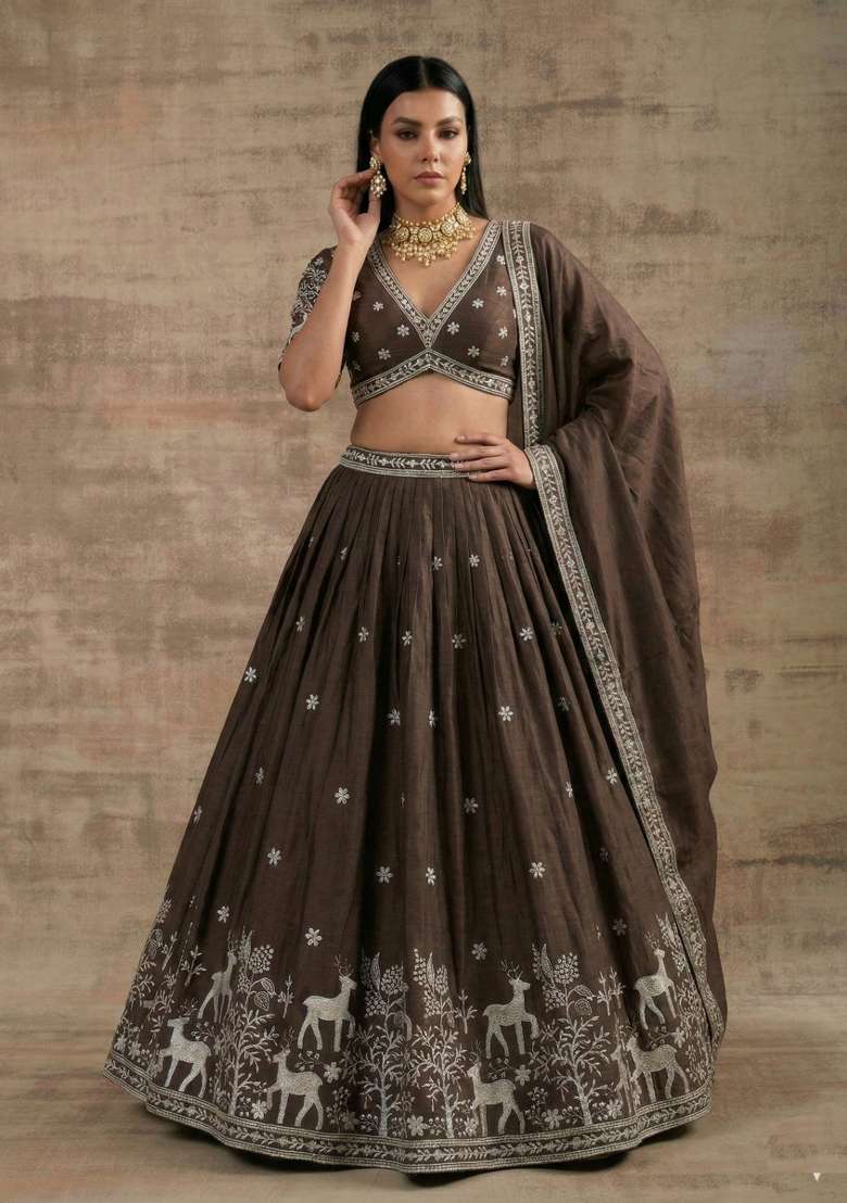 Brown Zari Work Silk Blend Lehenga Set for Diwali and Festive Wear - Indya