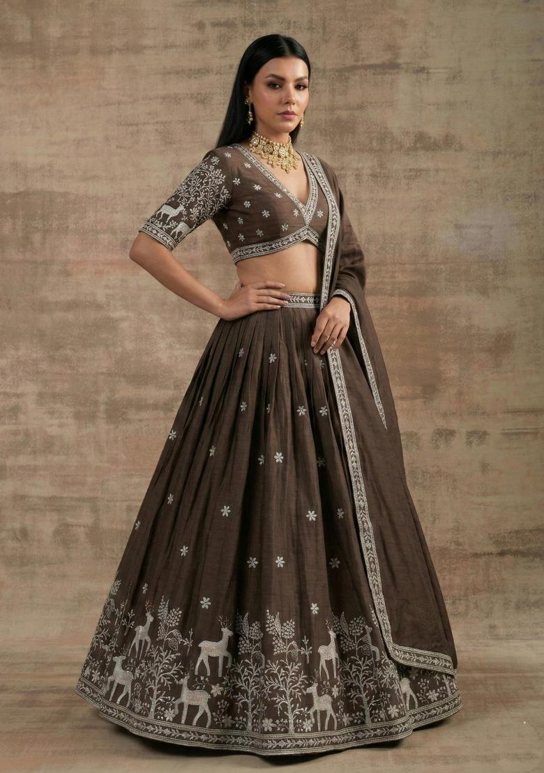 Brown Zari Work Silk Blend Lehenga Set - Indya