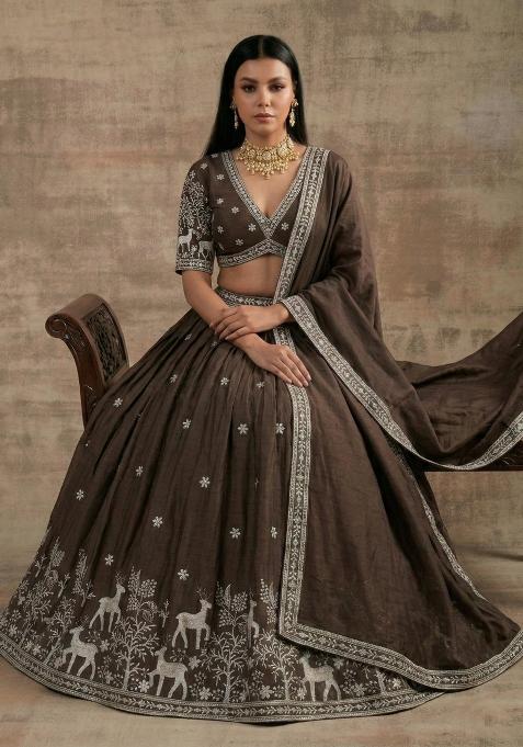 Brown Zari Work Silk Blend Lehenga Set