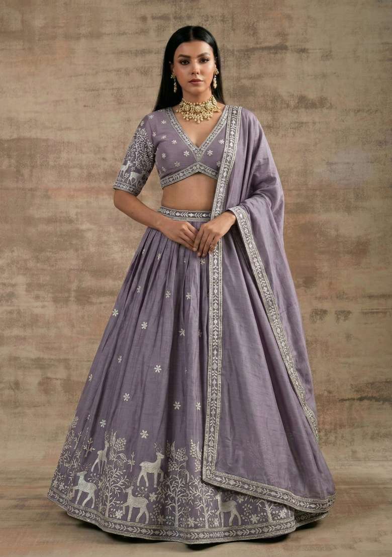 Lavender Silk Blend Lehenga Set with Zari Work for Diwali | Wedding & Festive Wear - Indya