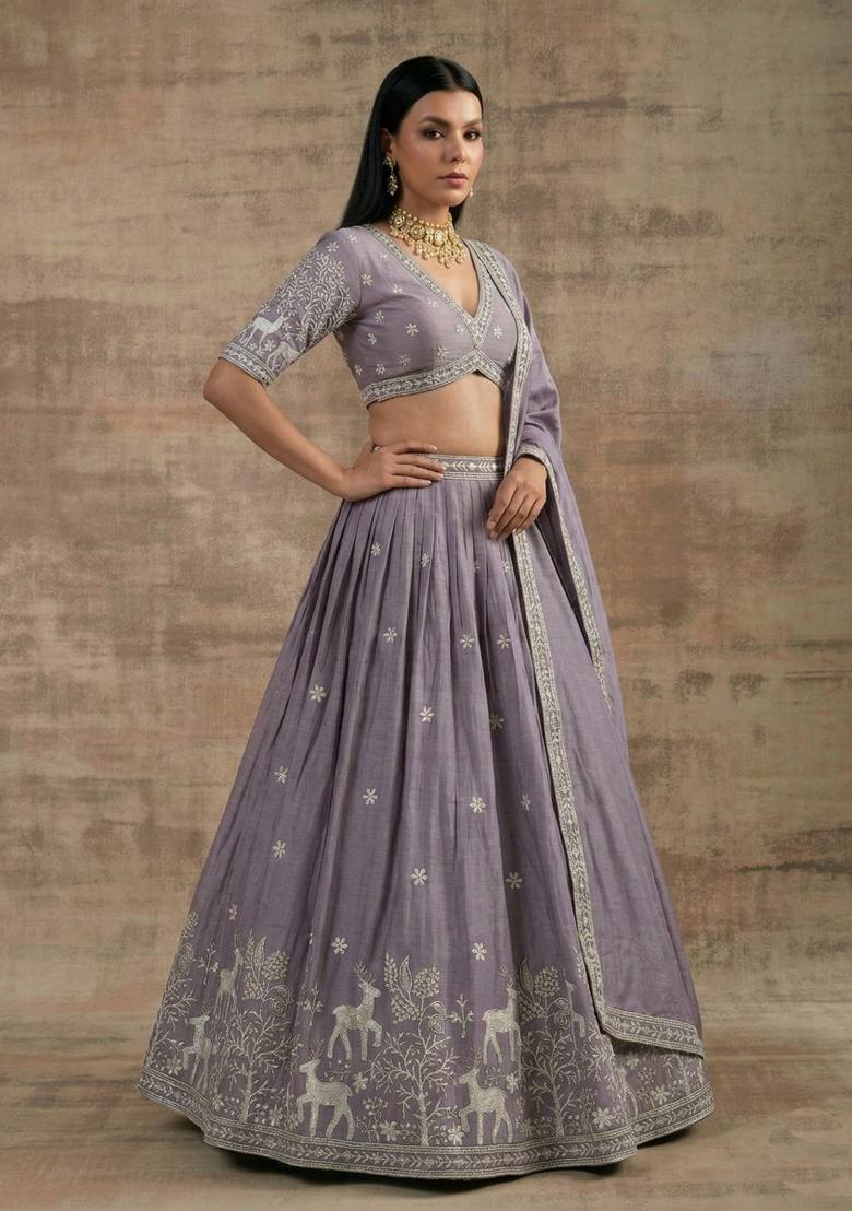 Lavender Zari Work Silk Blend Lehenga Set - Indya