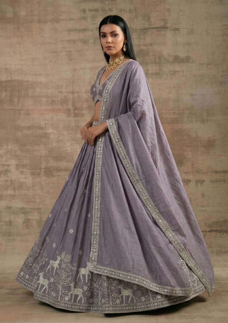 Lavender Silk Blend Lehenga Set with Zari Work for Diwali | Wedding & Festive Wear - Indya