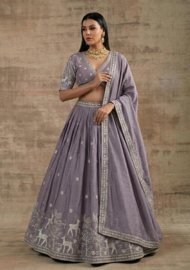 Lavender Zari Work Silk Blend Lehenga Set - Indya