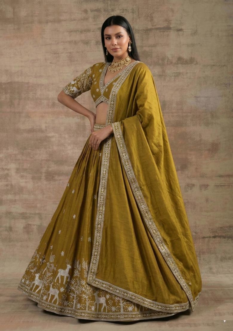 Mustard Zari Work Silk Blend Lehenga Set - Indya