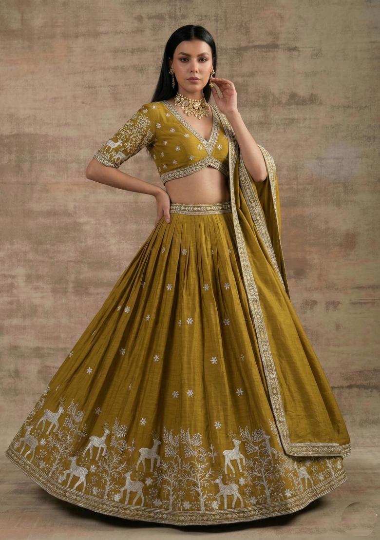 Mustard Zari Work Silk Blend Lehenga Set - Indya