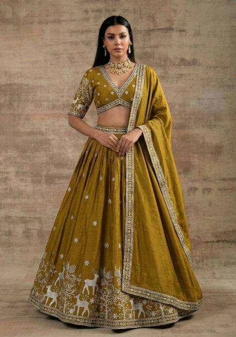 Mustard Zari Work Silk Blend Lehenga Set