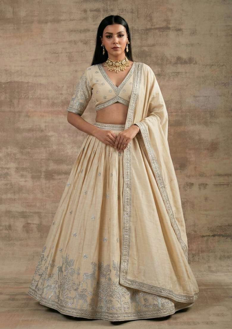 Off White Cream Silk Blend Lehenga Set with Zari Work for Diwali | Wedding & Festive Wear - Indya