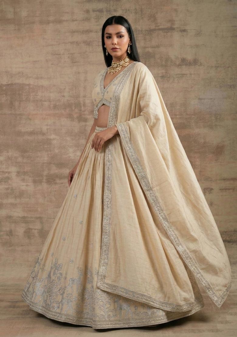 Off White Cream Zari Work Silk Blend Lehenga Set - Indya