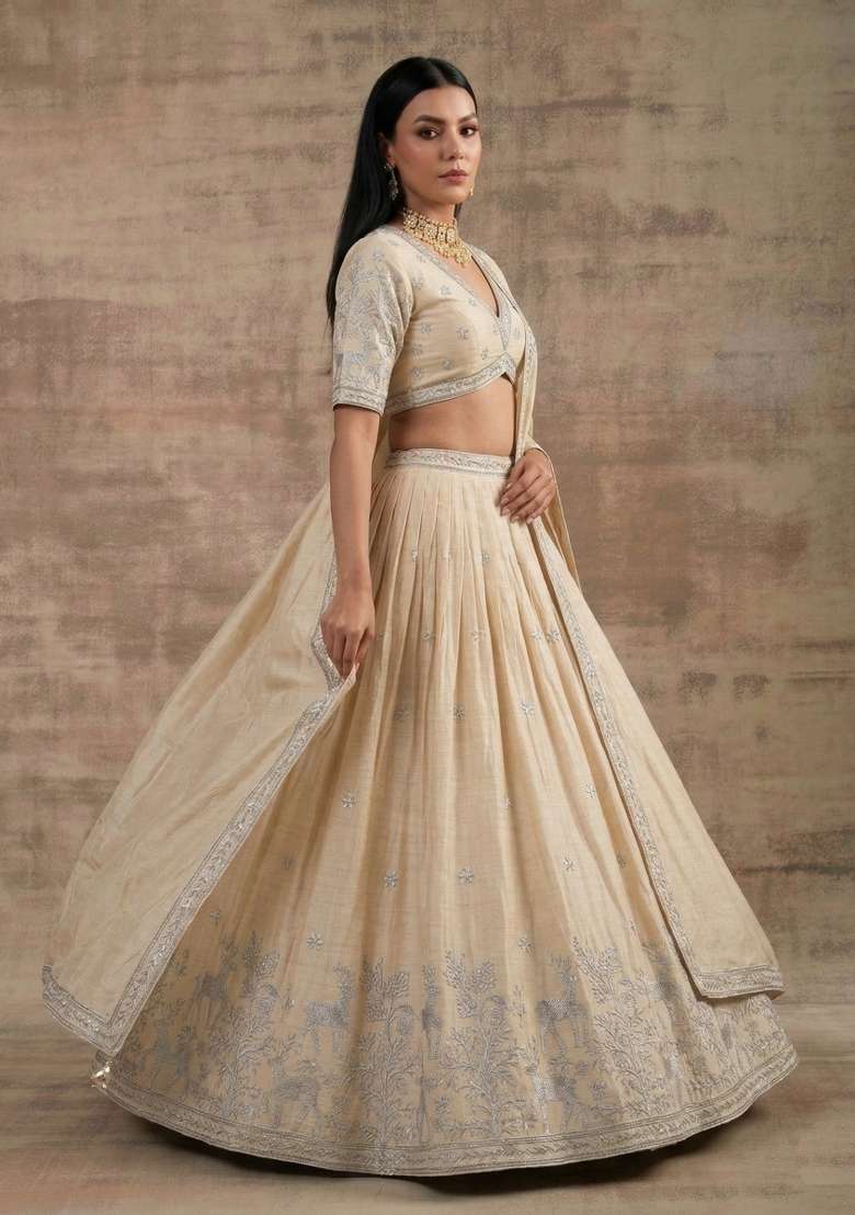 Off White Cream Silk Blend Lehenga Set with Zari Work for Diwali | Wedding & Festive Wear - Indya
