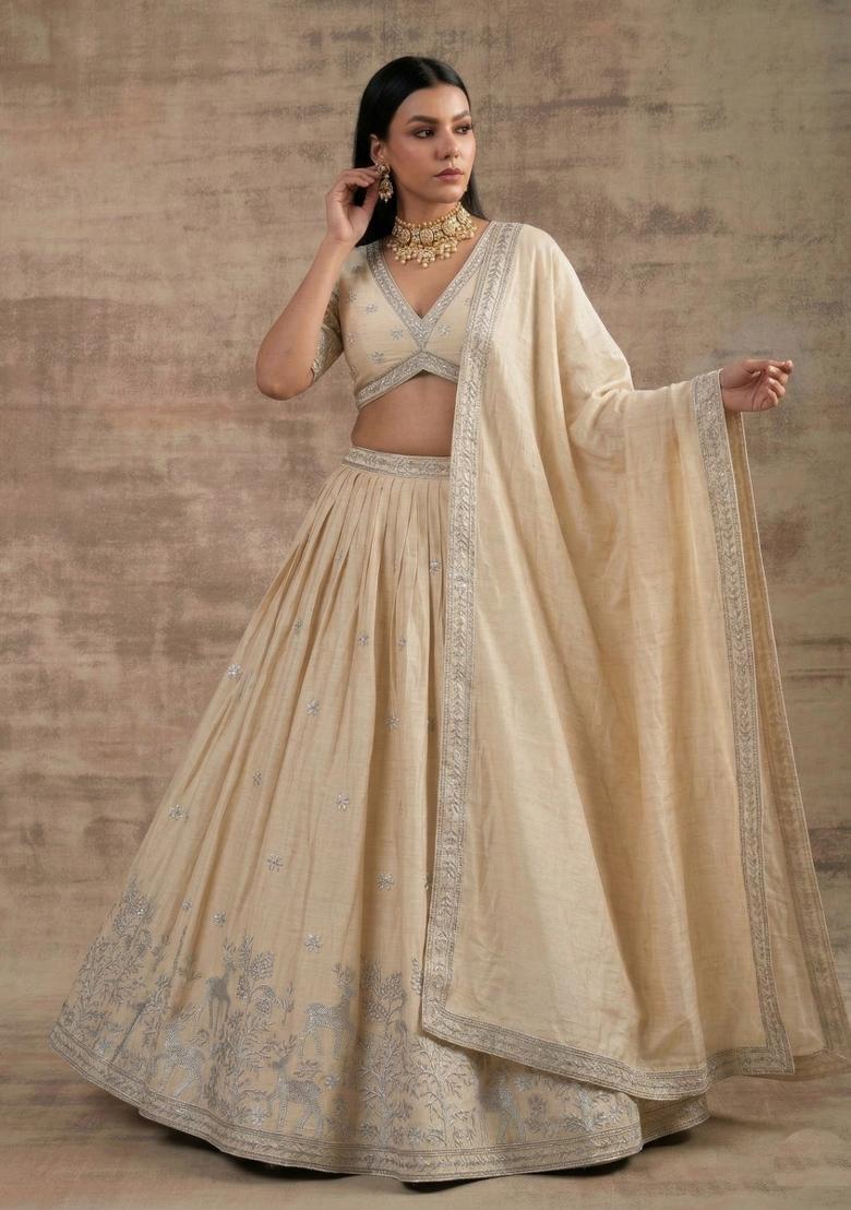 Off White Cream Zari Work Silk Blend Lehenga Set - Indya