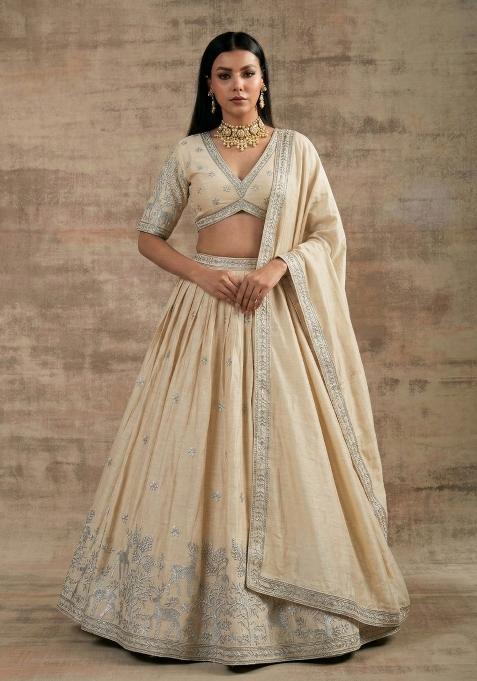 Off White Cream Zari Work Silk Blend Lehenga Set