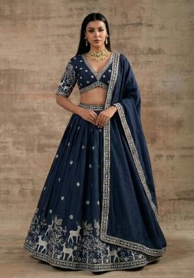 Navy Blue Zari Work Silk Lehenga Set