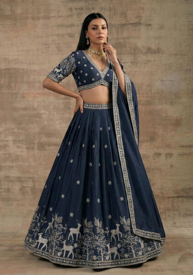 Navy Blue Zari Work Silk Blend Lehenga Set - Indya