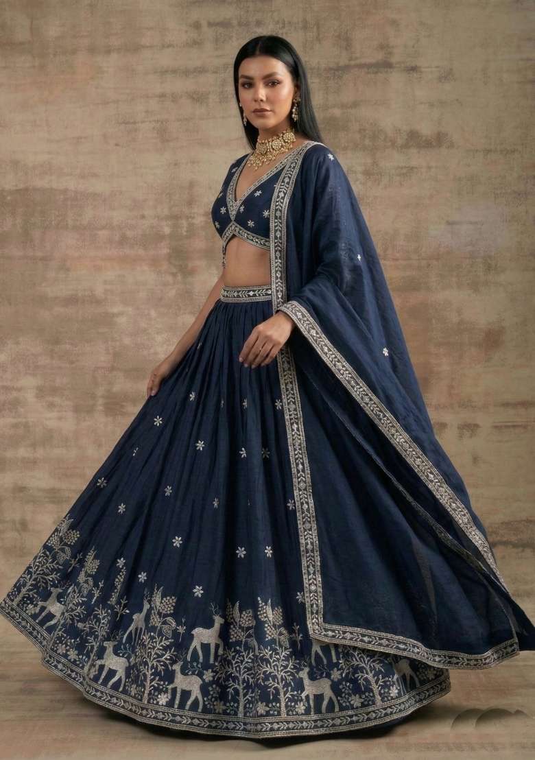 Navy Blue Silk Blend Lehenga Set with Zari Work for Diwali | Wedding & Festive Wear - Indya