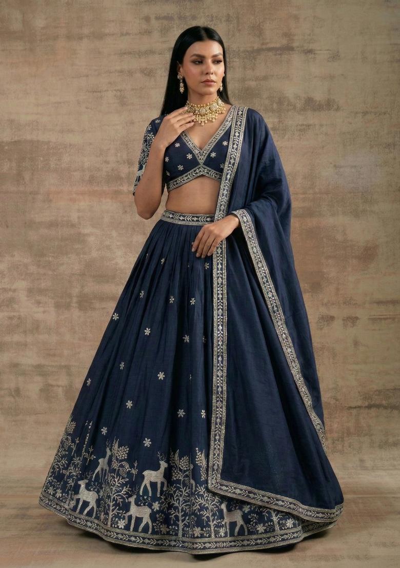 Navy Blue Zari Work Silk Blend Lehenga Set - Indya
